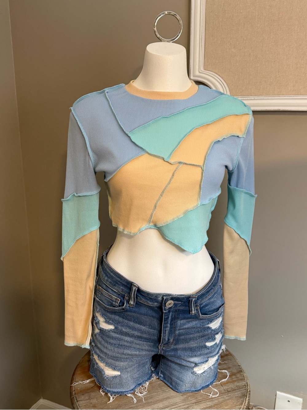 Colorblock Cropped Long-Sleeve Ribbed Top - Pastel Blue/Yellow/Green